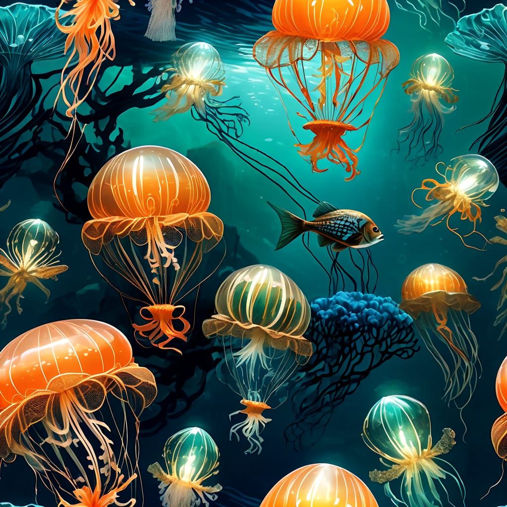 Balloons of Glass and Metal in Bioluminescent Ocean
