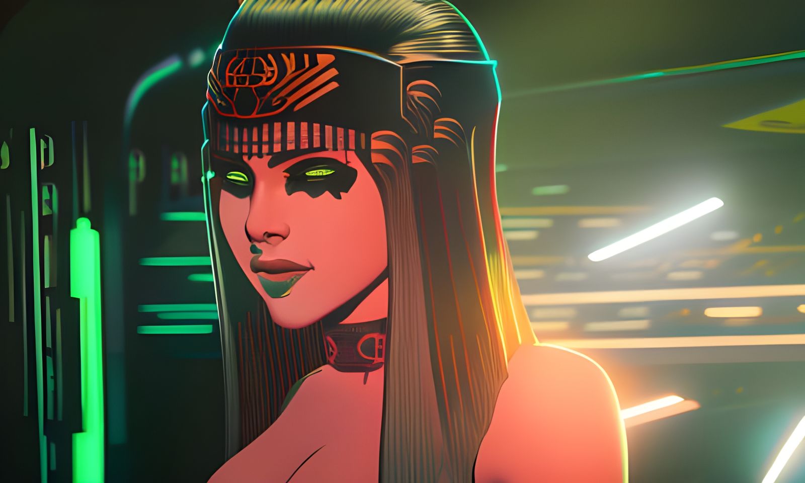 Cyberpunk anime cleopatra in a nightclub.