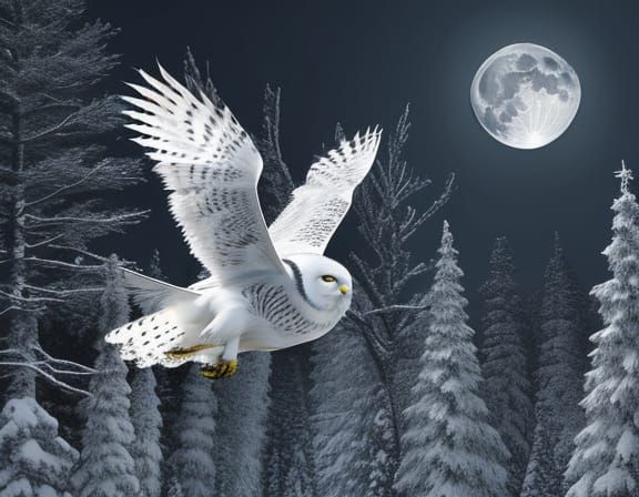 Moonlit Owl Soars Through Midnight Forest in Monochrome