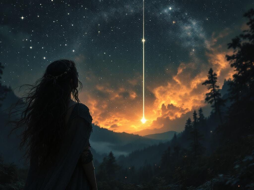 Girl Gazing at Shooting Star in Mystical Forest