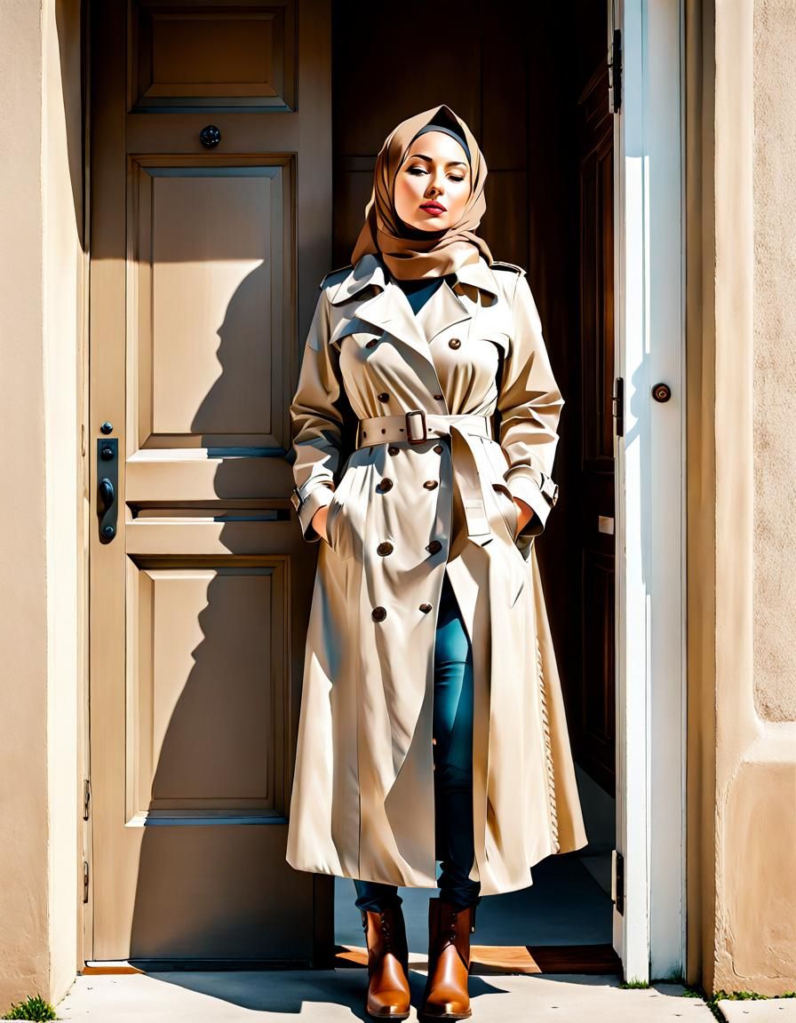 Watercolor Portrait of Woman in Hijab and Trench Coat