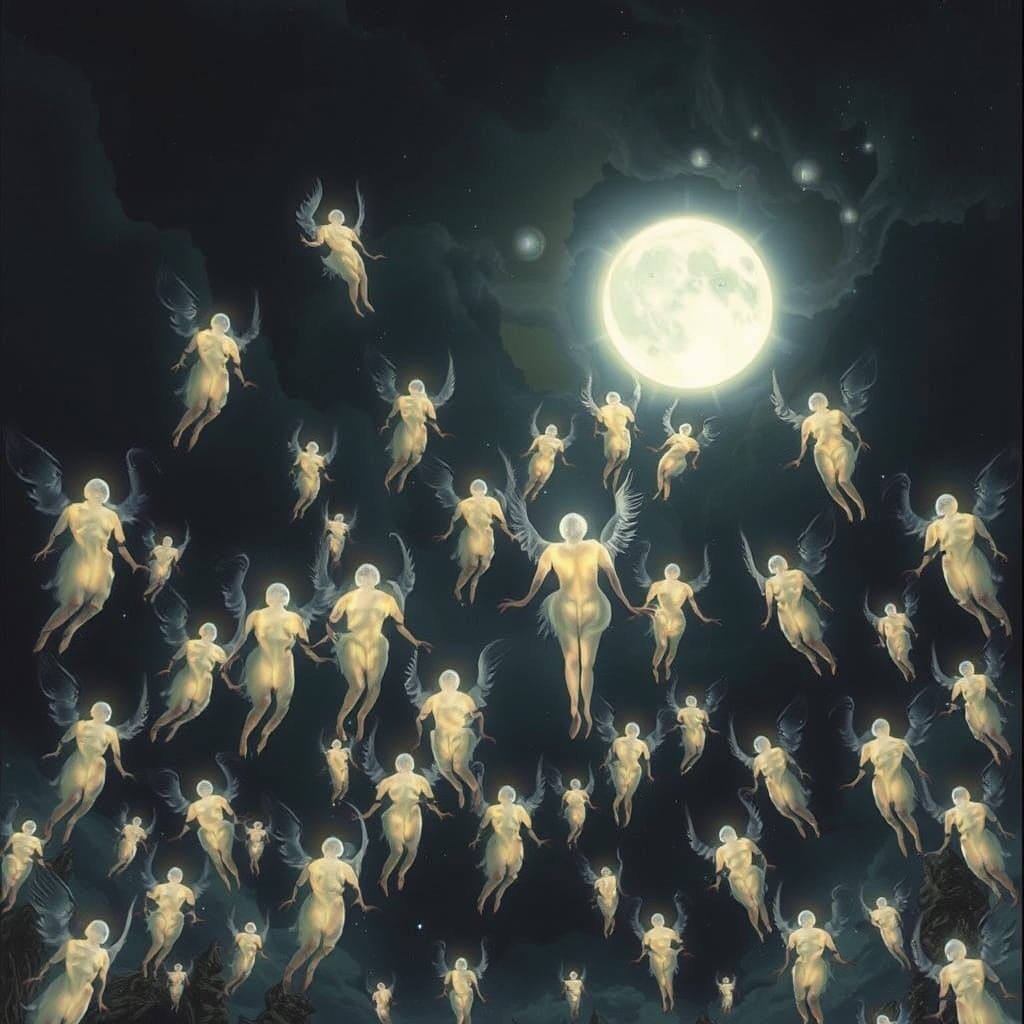 Ethereal Souls Dance Under Full Moon's Silver Glow