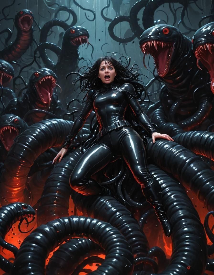 Super Heroine Captured by Worms in Chiaroscuro