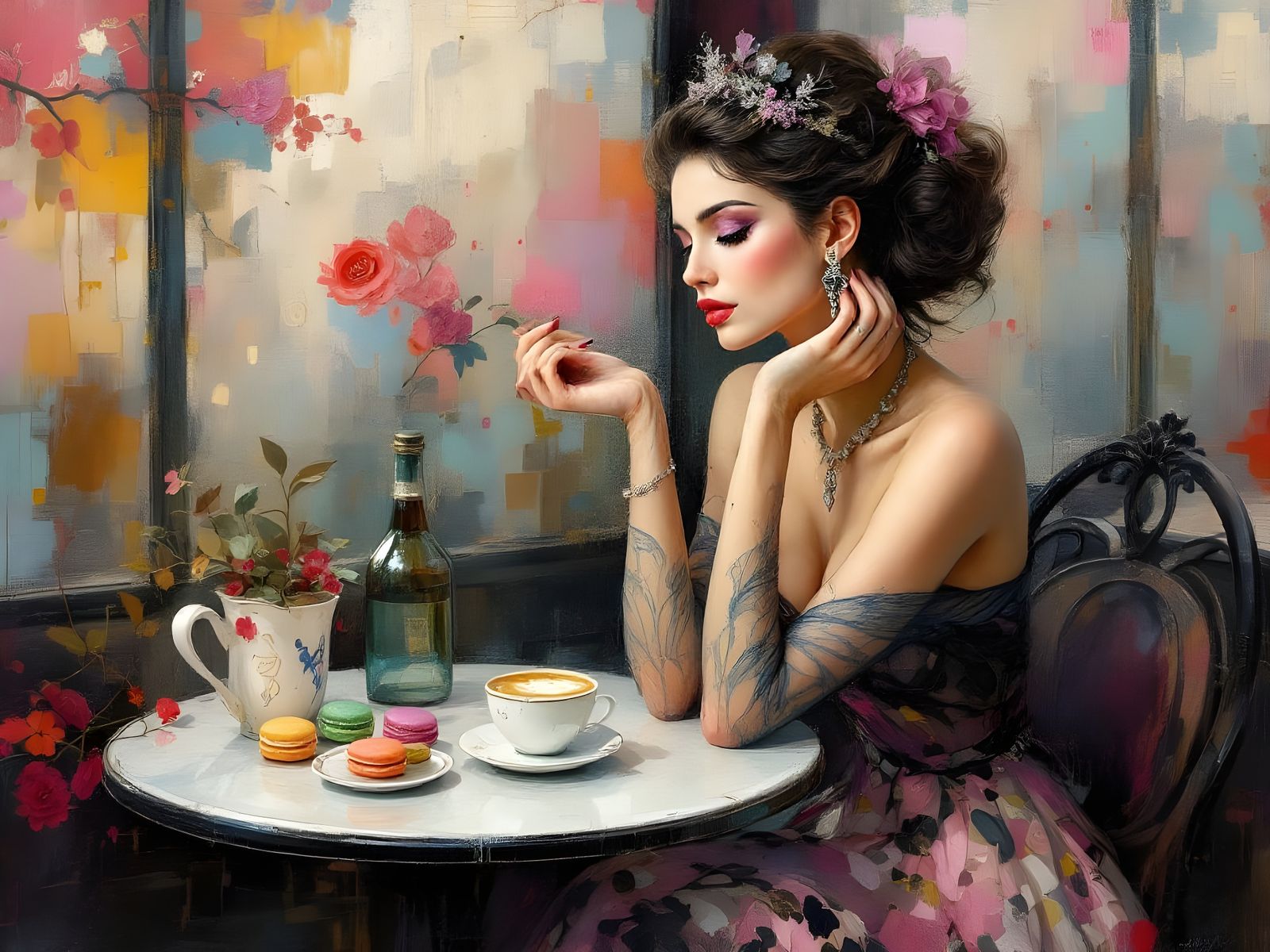 Elegant Parisian Cafe Scene in Dreamlike Abstract Art