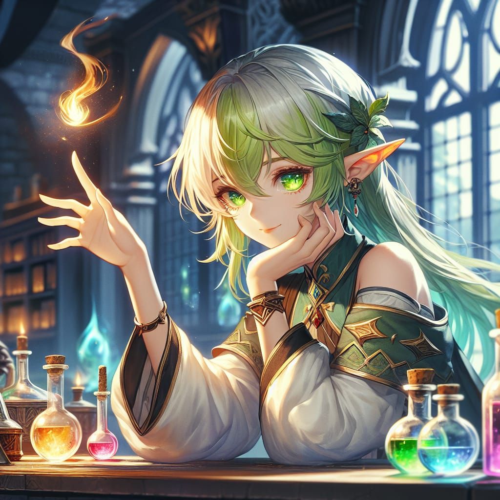 Anime Elf Elementalist Ignites Flame at Desk