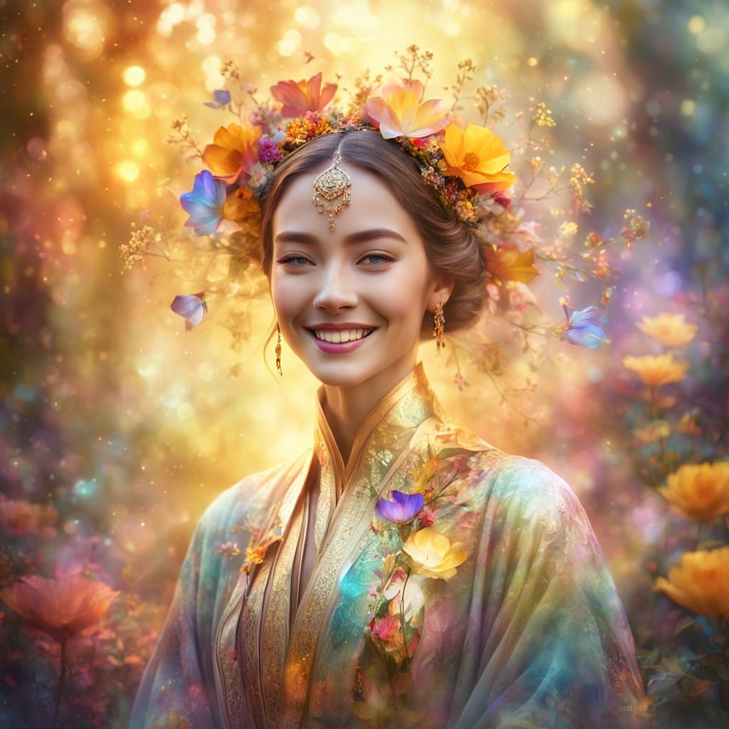 Flower Goddess Smiles in Ethereal Digital Art