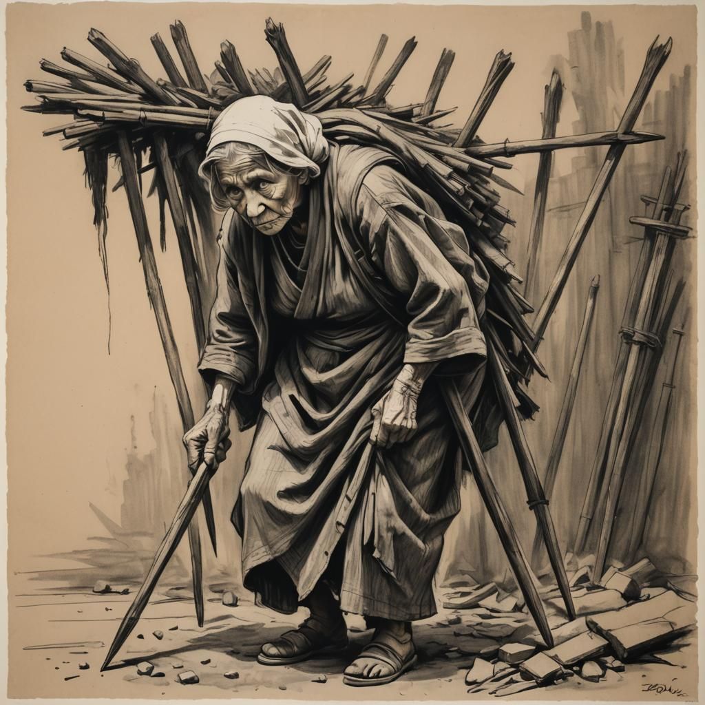 Expressionistic Charcoal Drawing of Burdened Old Woman