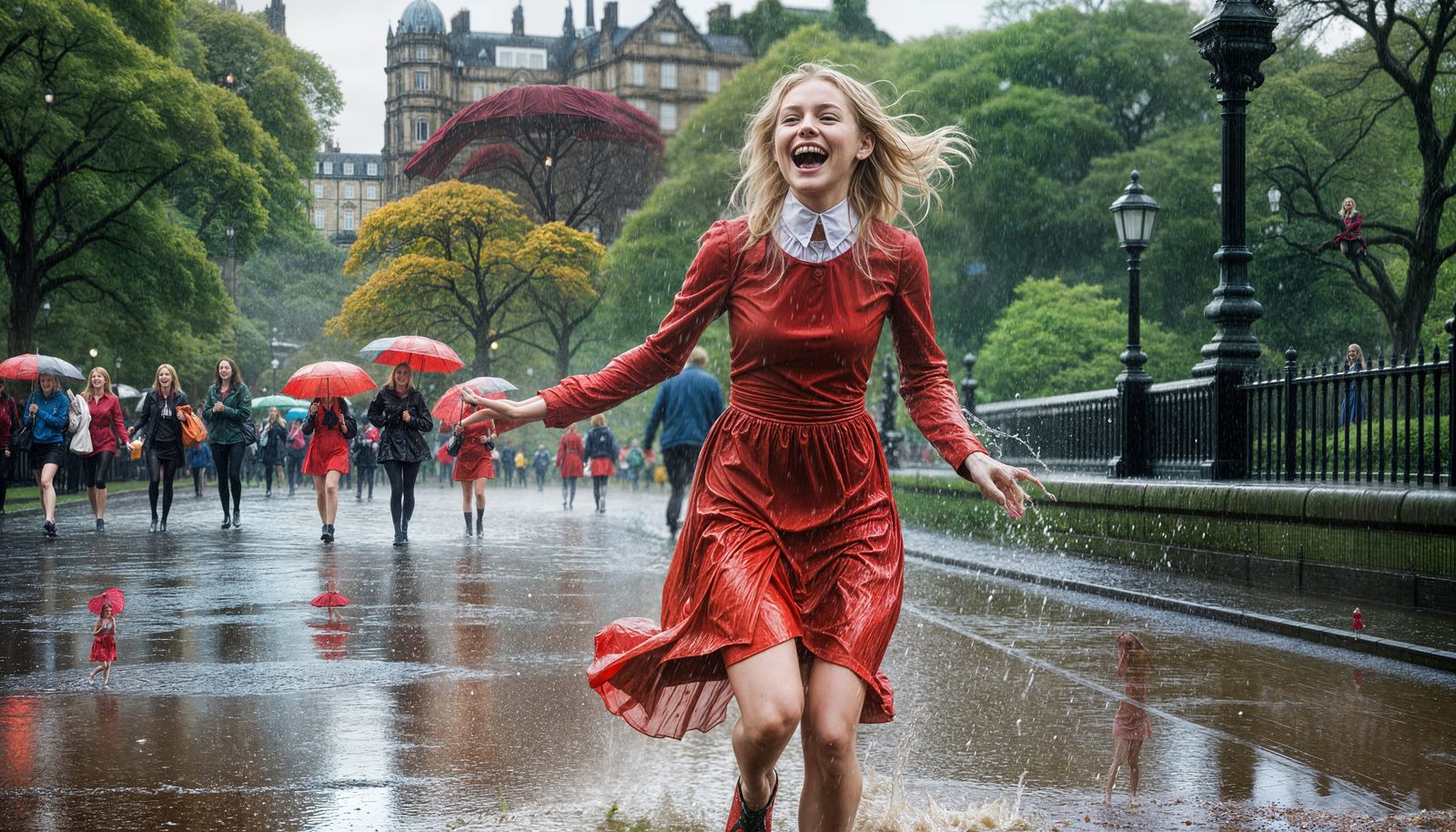 Woman in Red Dress Runs Through Rainy Edinburgh