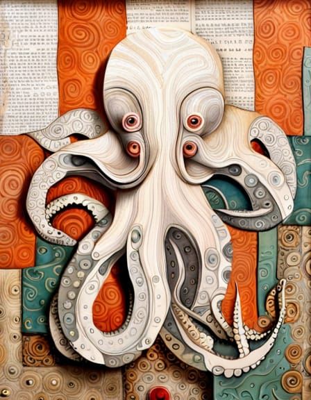 Albino Octopus in Mixed-Media Collage