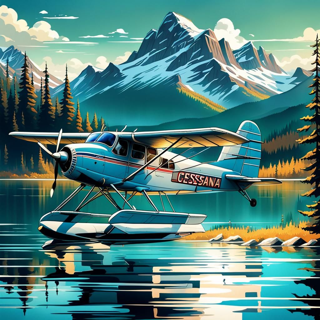 Anime Seaplane on Lake with Mountains