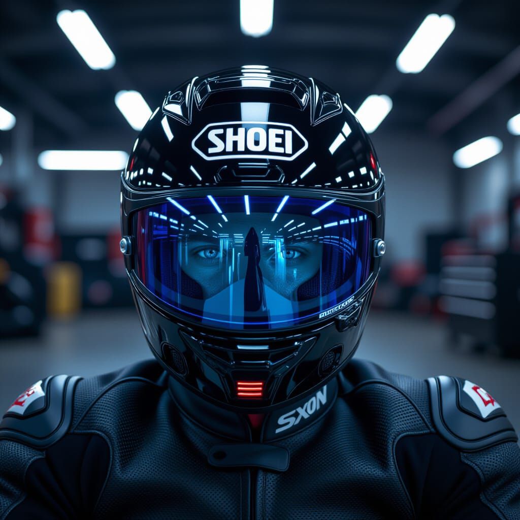 Black Shoei Helmet with Blue Visor, Hyperrealistic Close-Up
