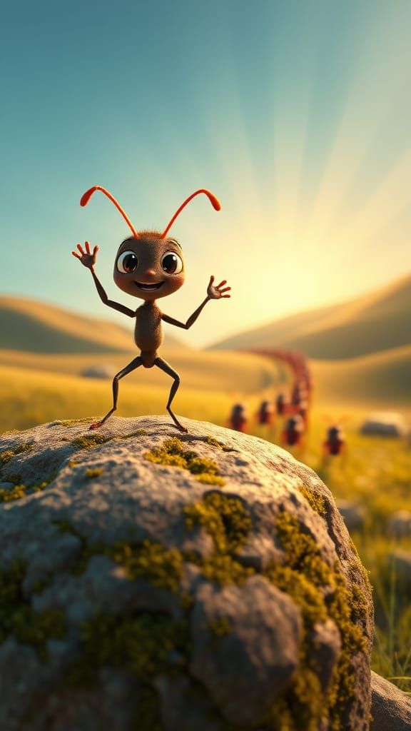 Friendly Ant Waves to Approaching Friends in Vibrant Landsca...