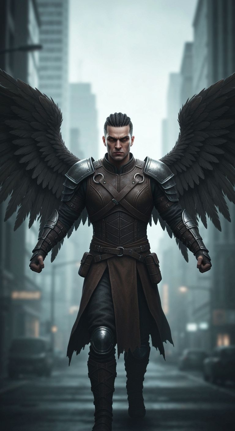 Armored Angel in Ominous Cityscape: Dark Painterly Style