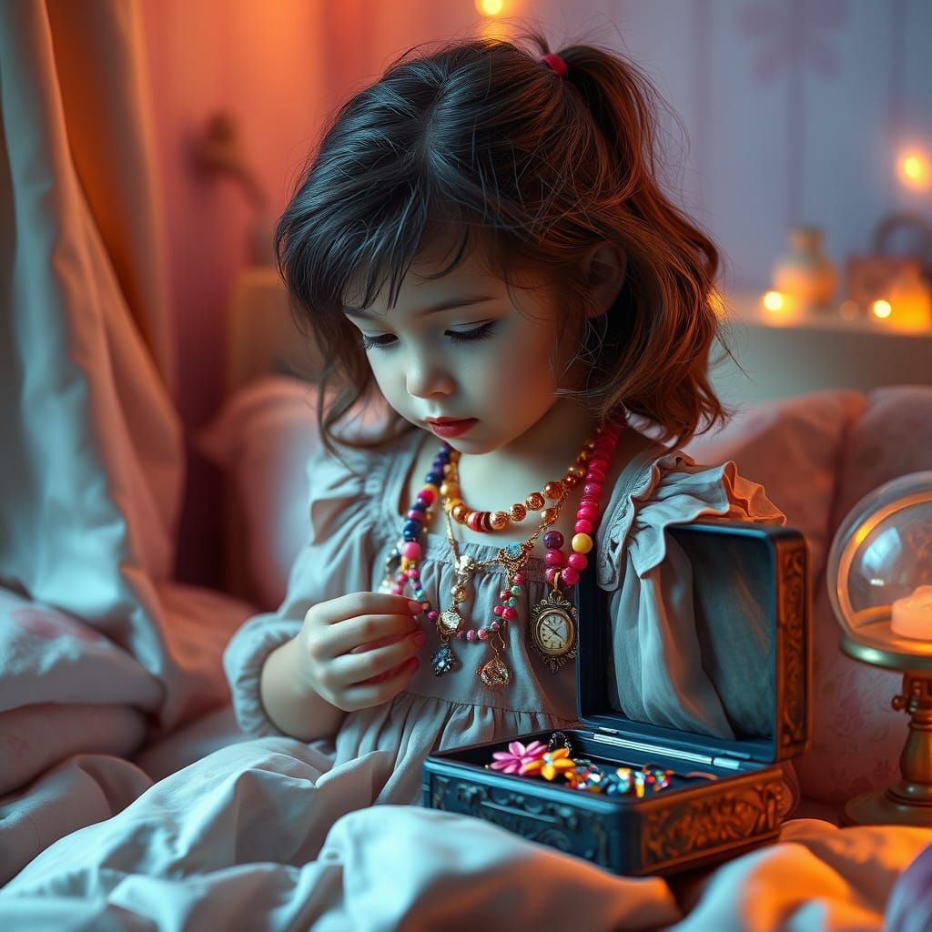 Girl Adorned with Jewels in Cozy Bedroom