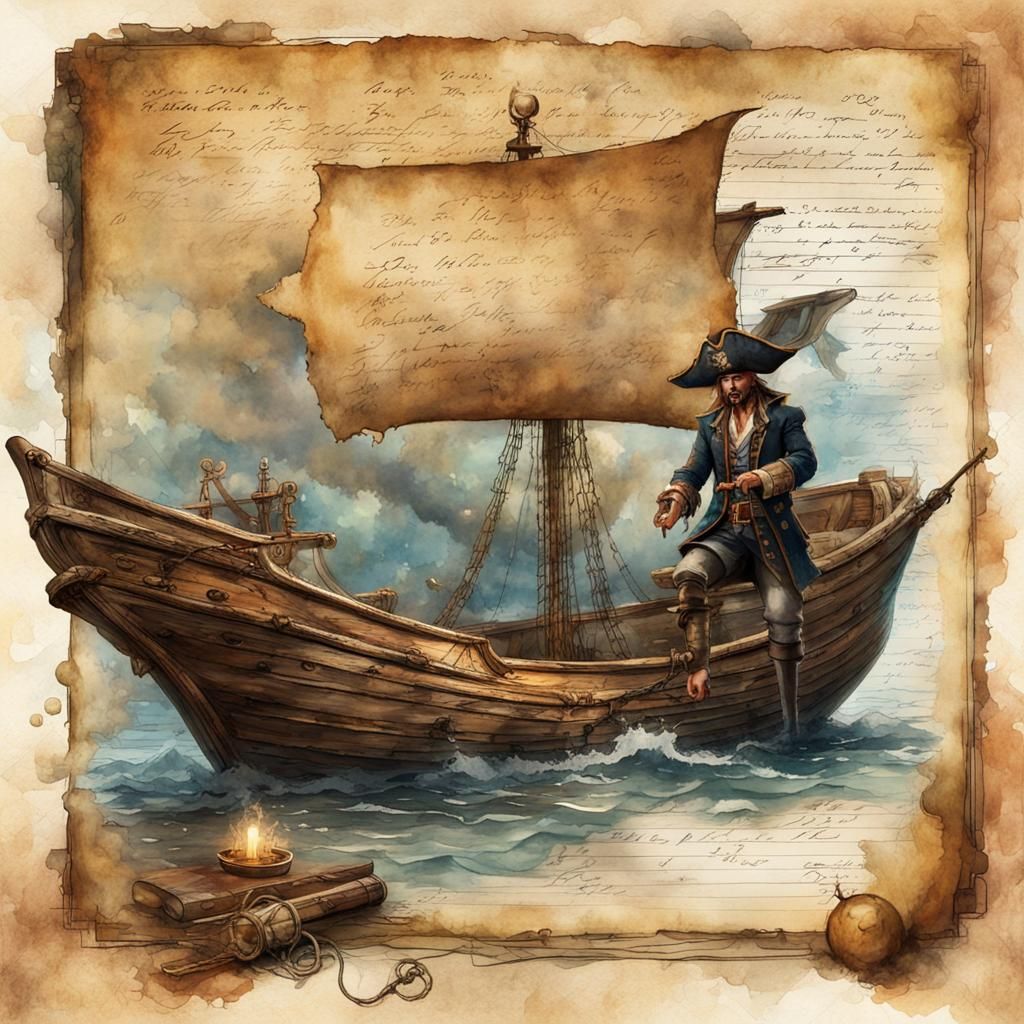 Pirate Ship Mermaid on Journal Page in Watercolor