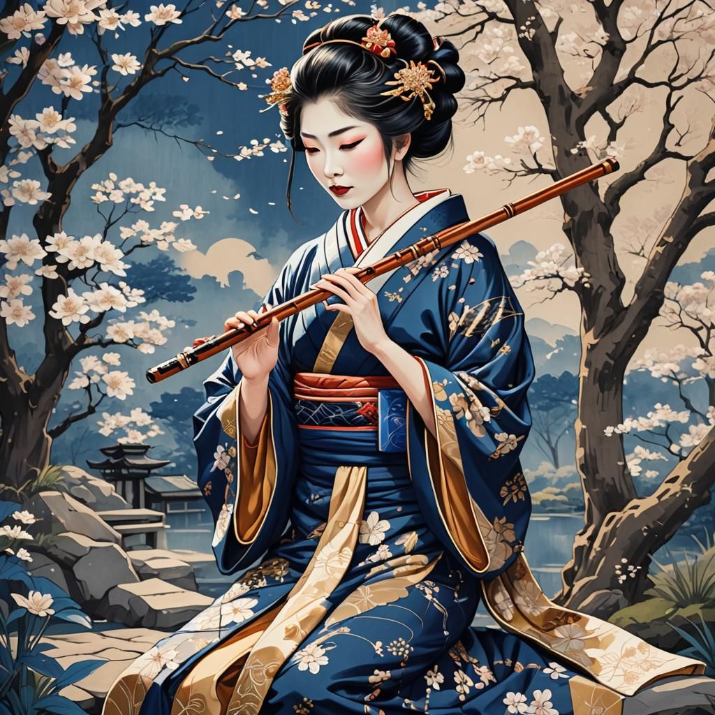Geisha Playing Flute in Serene Japanese Garden