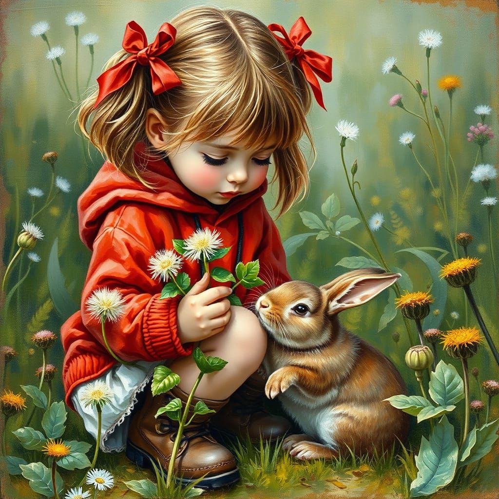 Little Girl Feeds Rabbit in Whimsical Oil Painting