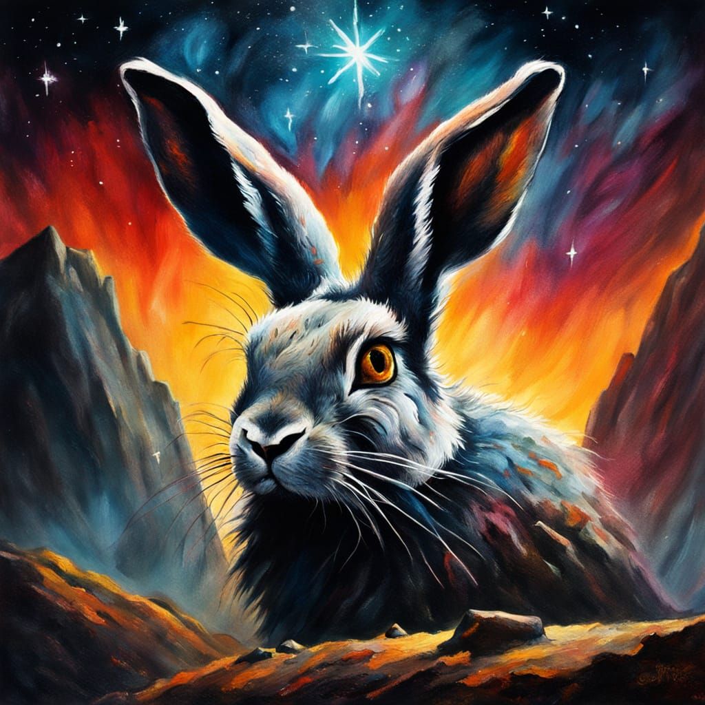 Surreal Galactic Hare with Star Needles, Oil Painting
