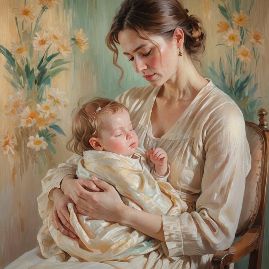 Gentle Mother and Child Portrait in Impressionist Style