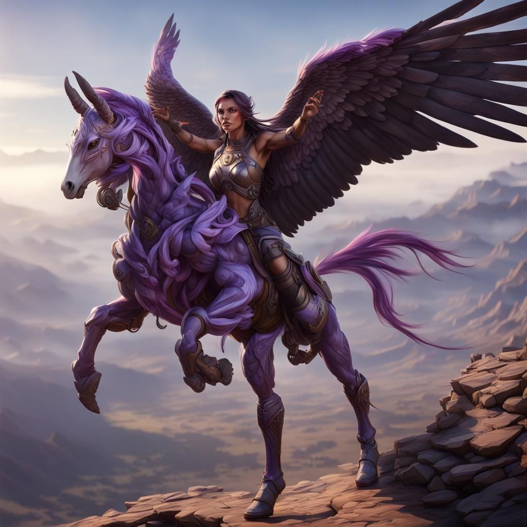 Purple Falcon Humanoid Soaring Above Mountains