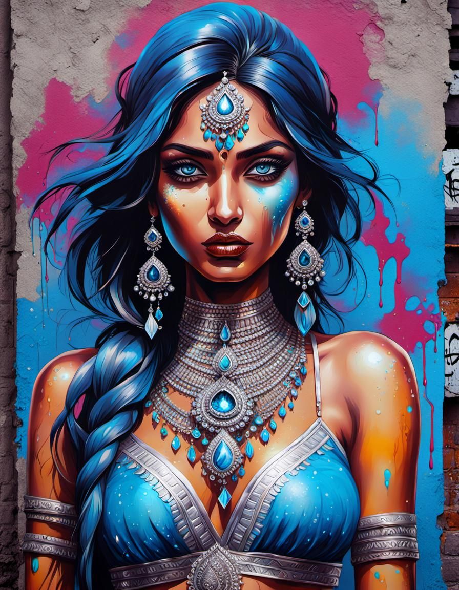 Indian Fantasy Girl with Blue Eyes in Graffiti Art