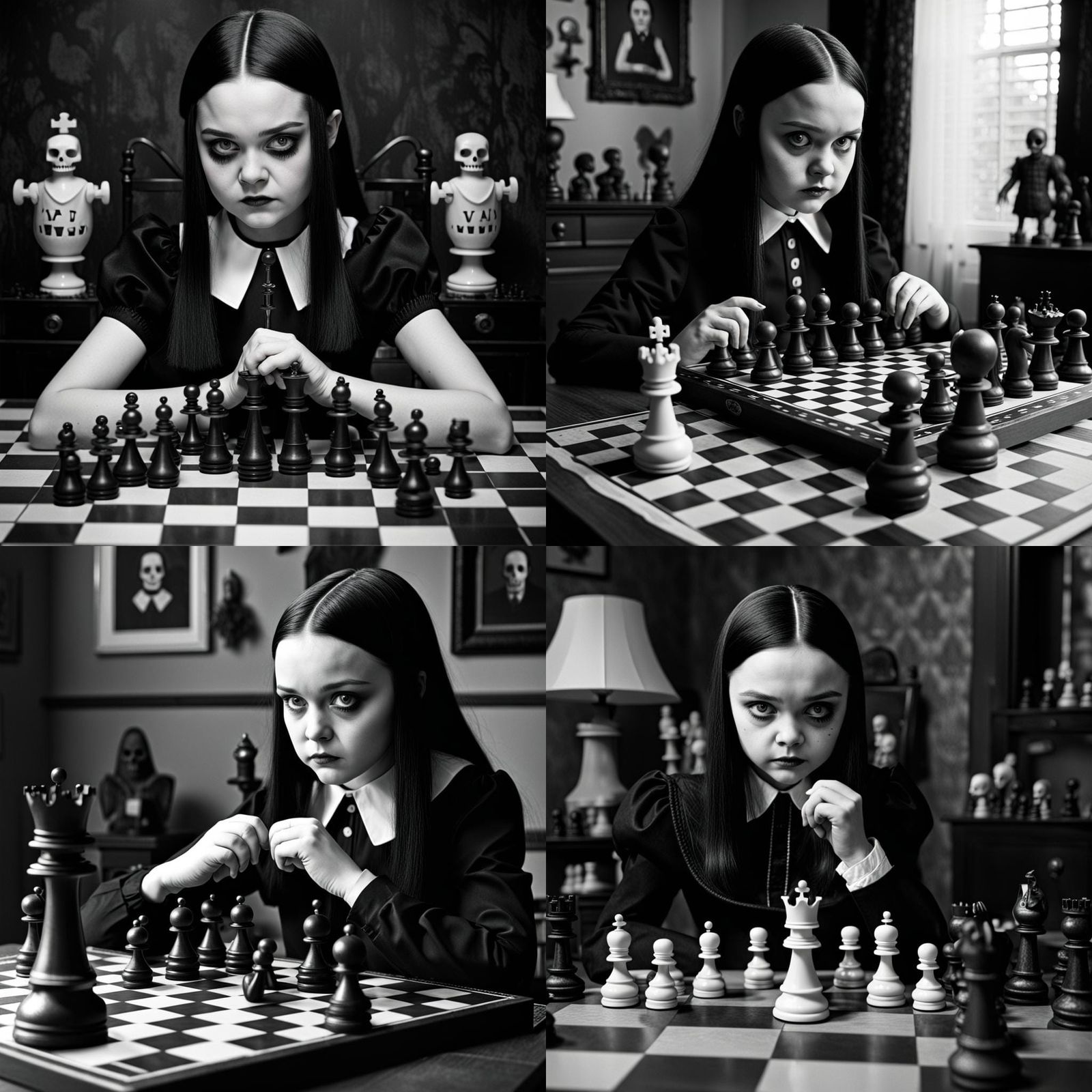 Wednesday Addams Plays Chess in Monochrome Black and White