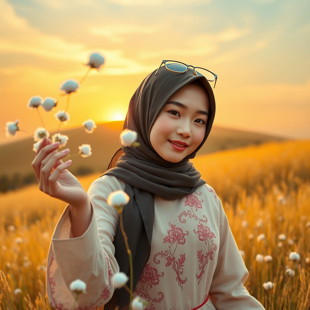 Korean Girl with Flowers in Golden Landscape