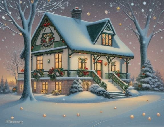 Vintage Christmas Card Illustration in Art Nouveau Style