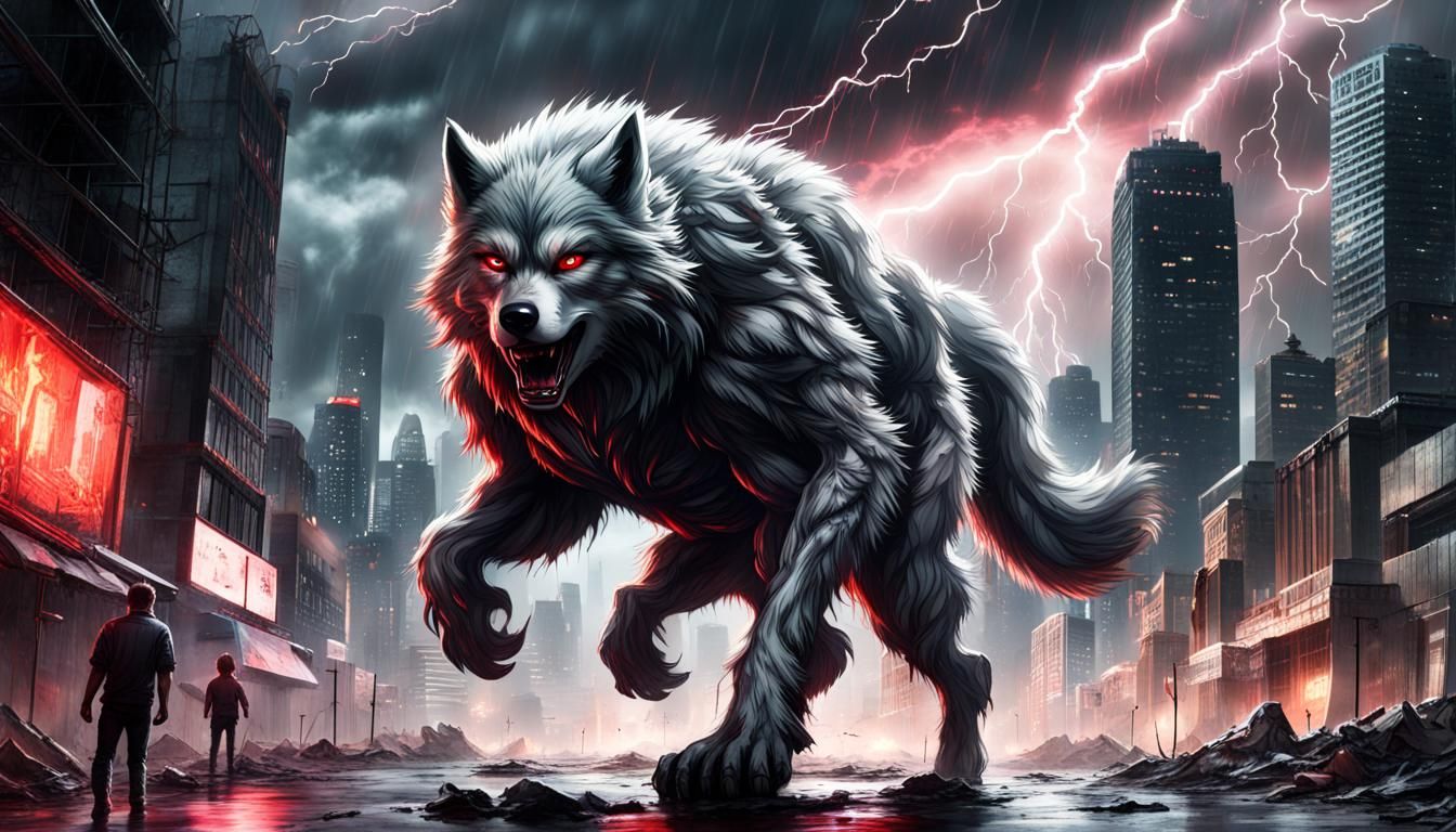 Wolfman in Ruined Cityscape Sci-Fi Vista