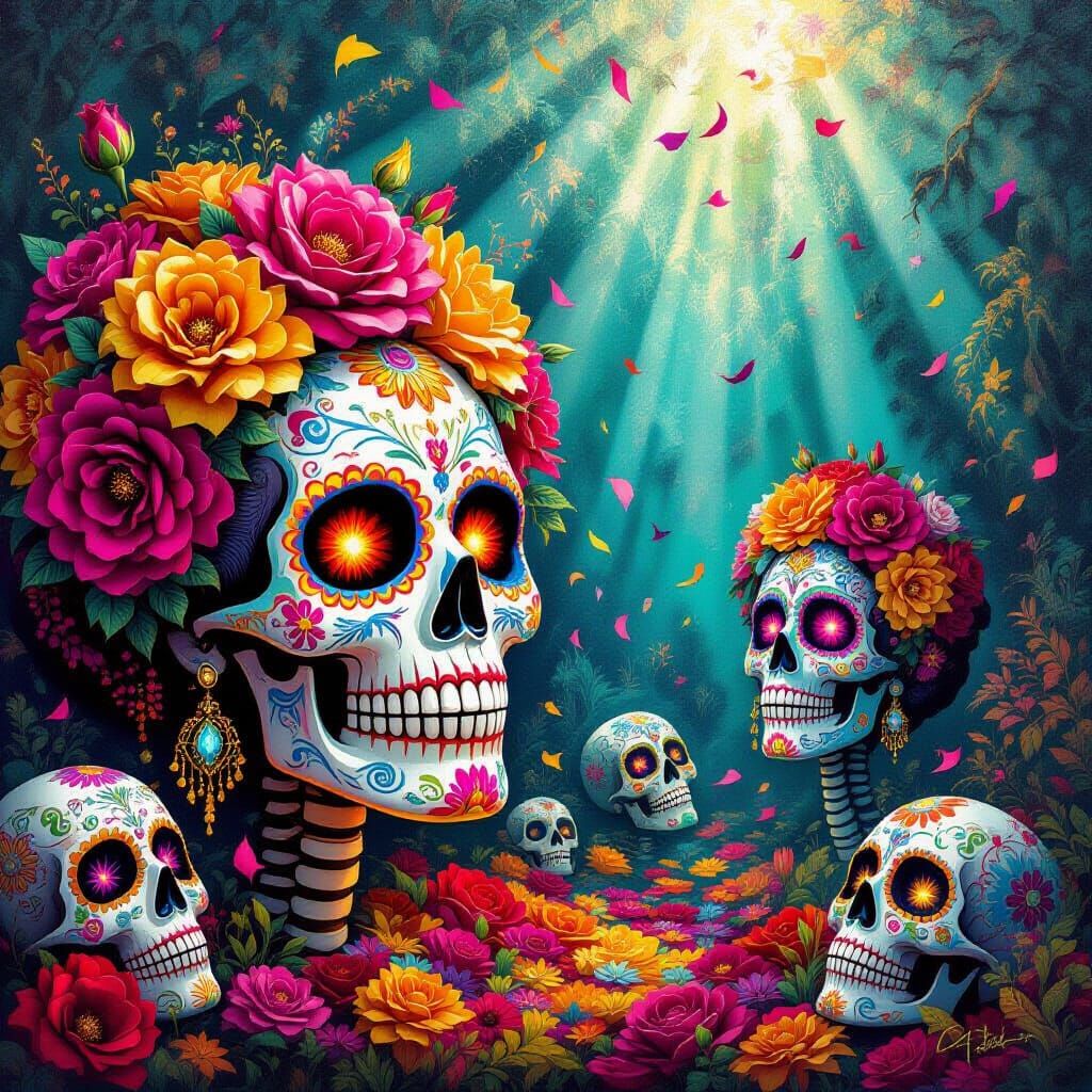 Vibrant Day of the Dead Sugar Skulls With Floral Patterns