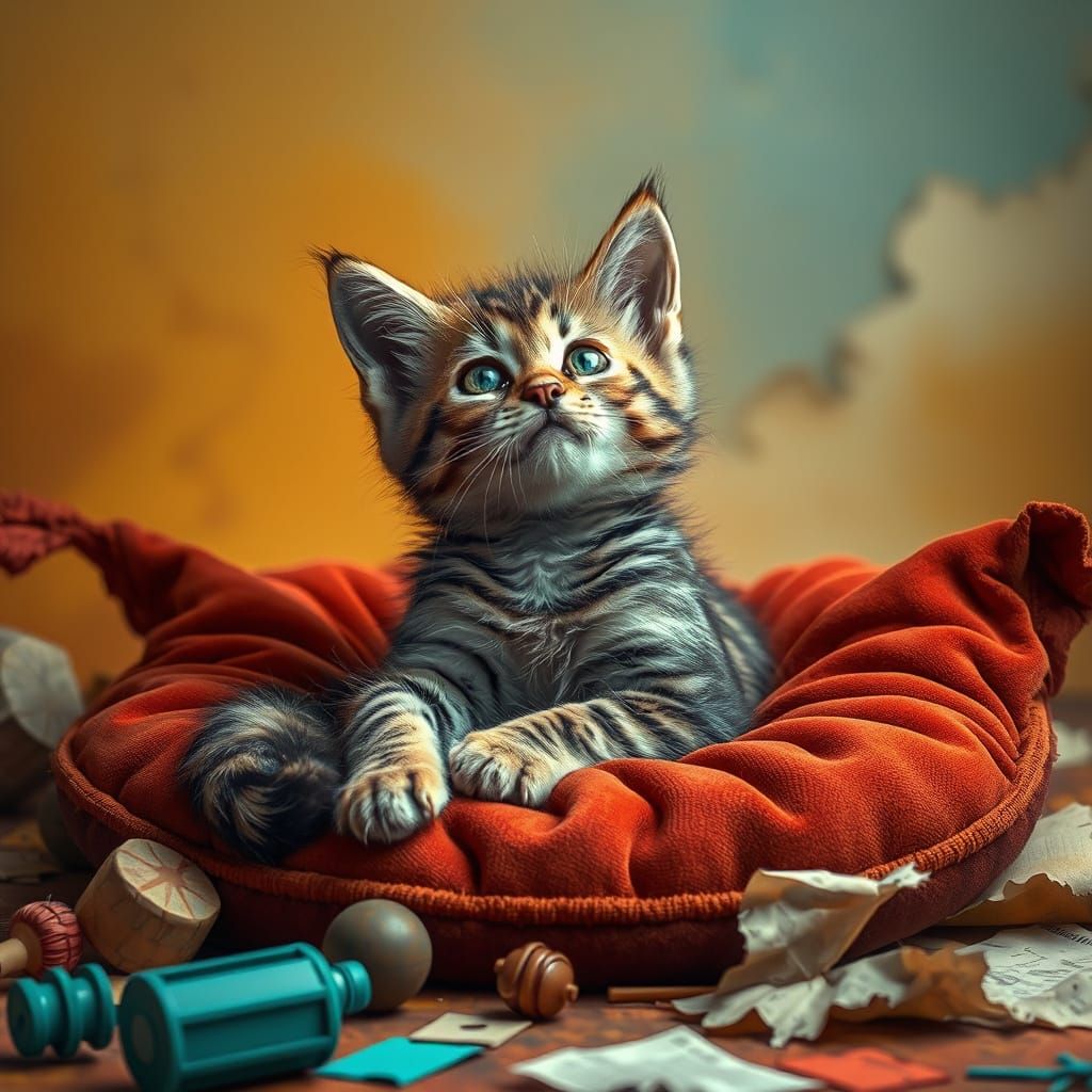 Whimsical Kitten in a Dreamy Landscape