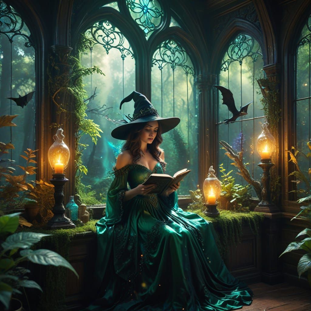 Witch Reading Spell Book in Castle Study