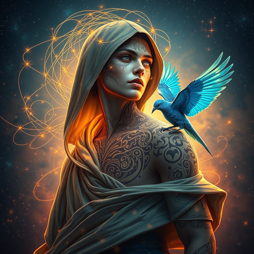 Ethereal Being Surrounded by Vibrant Starry Galaxy