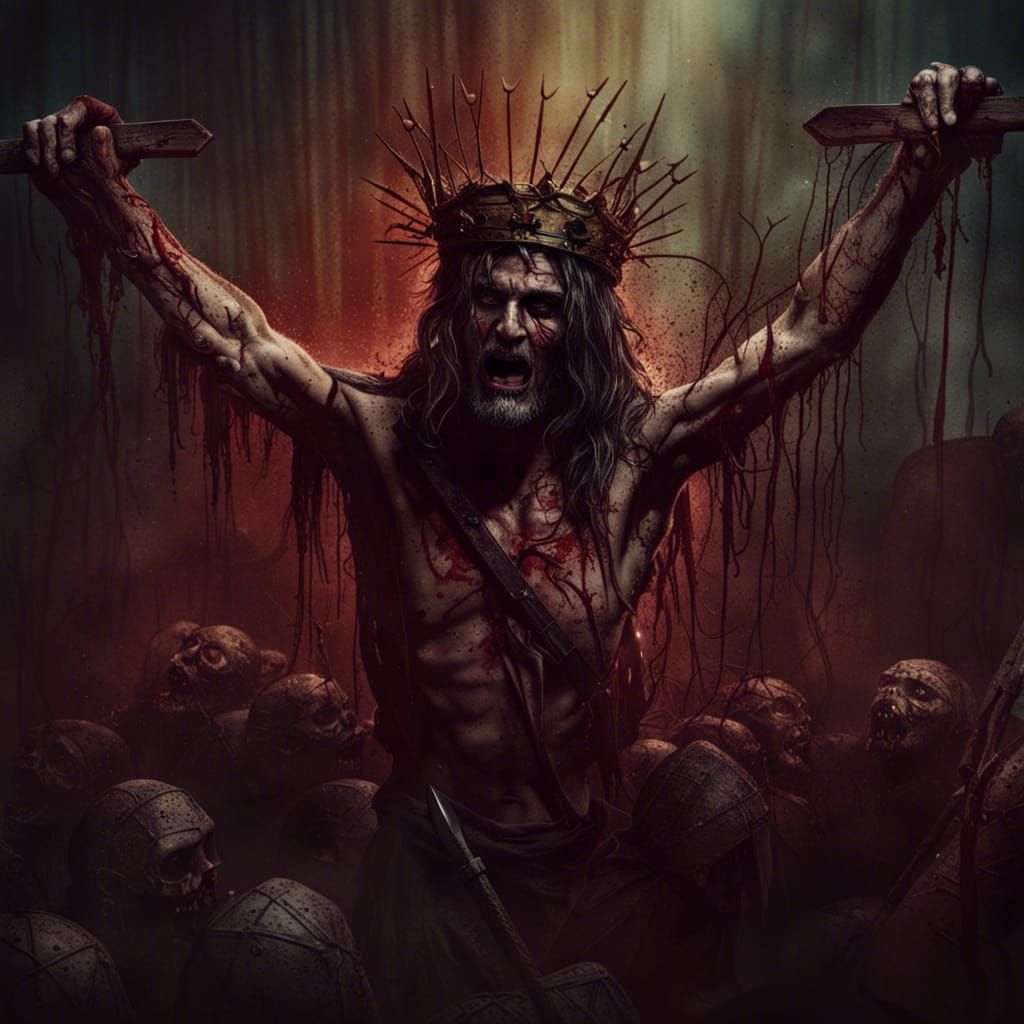 Demonic Christ on Cross in Hellish Fantasy Art