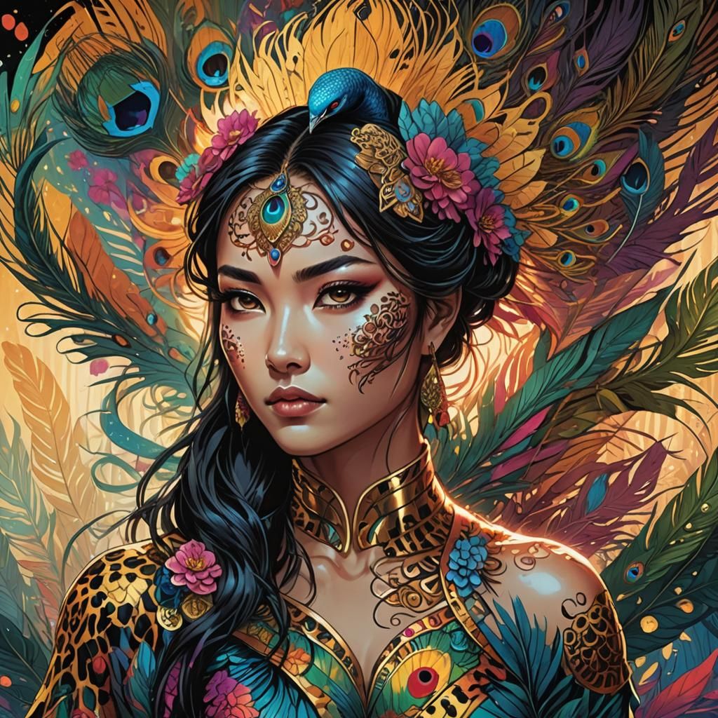 Leopard Print Asian Woman with Peacock Feathers