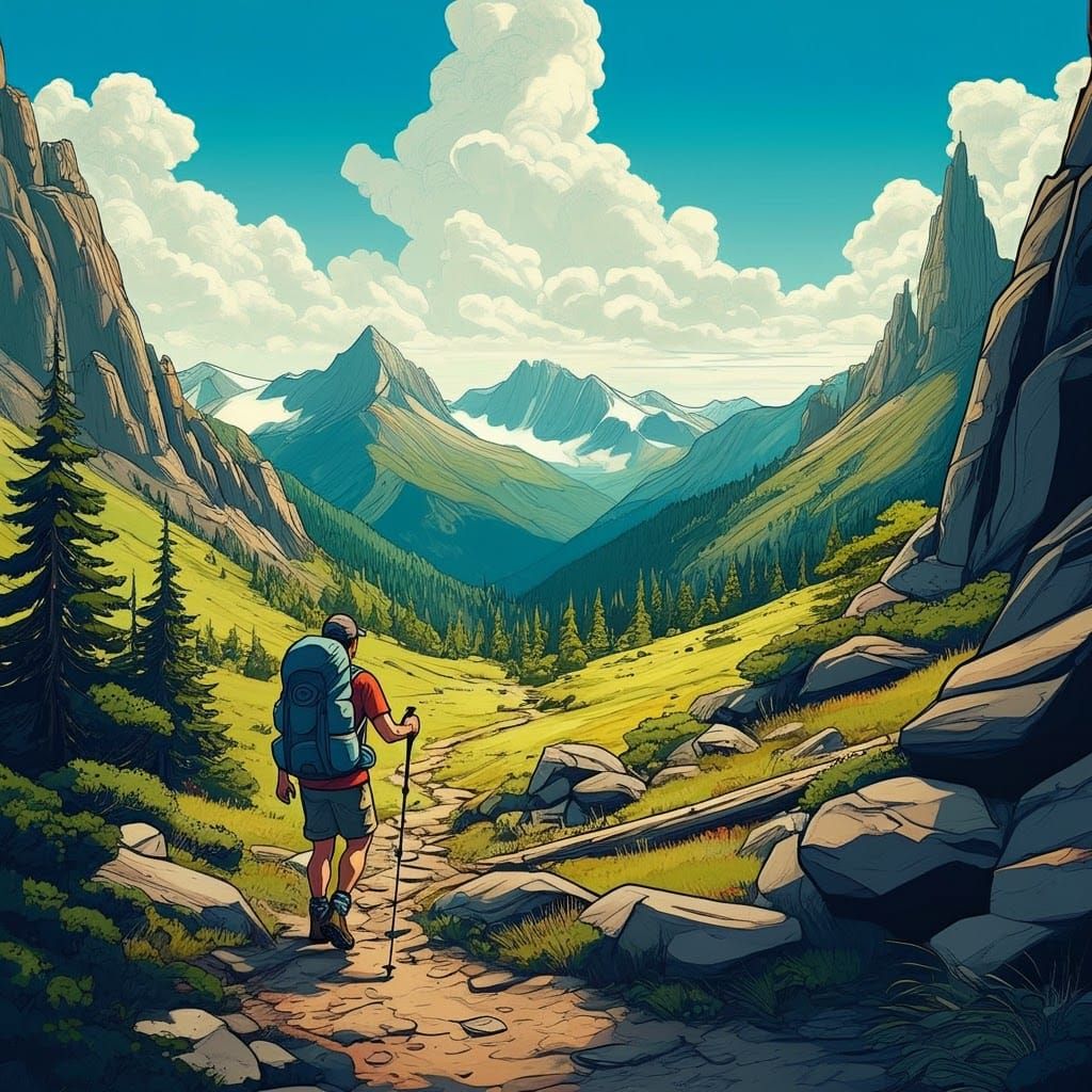 Hiker in Mountain Landscape in Comic Book Style
