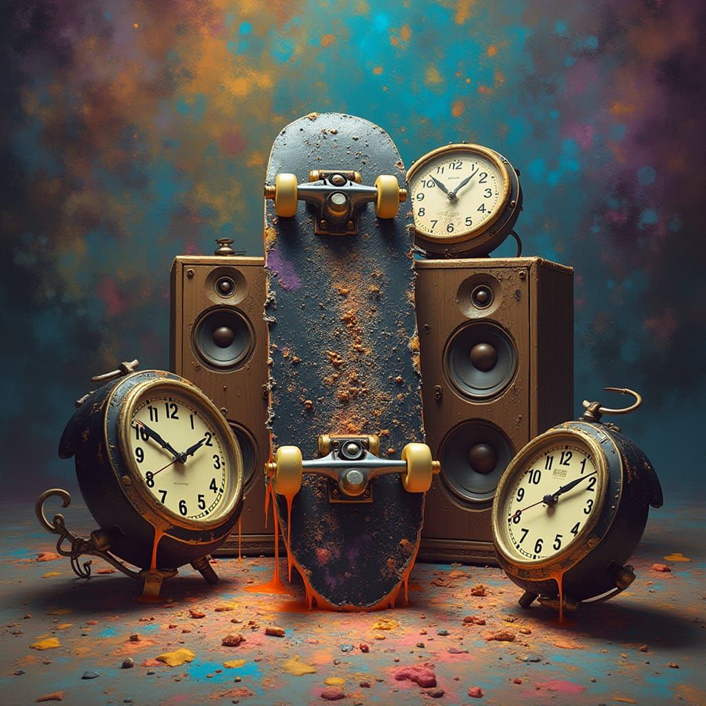 Surreal Skateboard Scene with Fractal Background