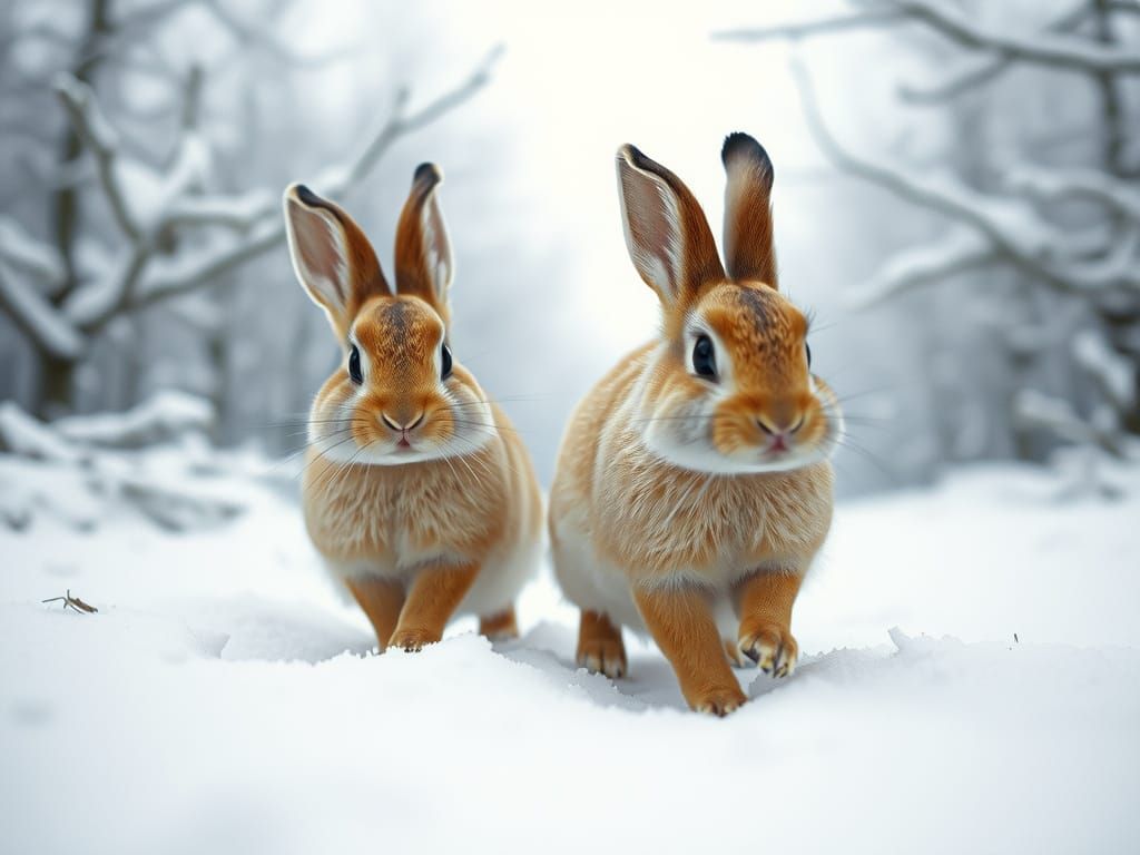 Cute Bunnies Hopping in Snowy Forest