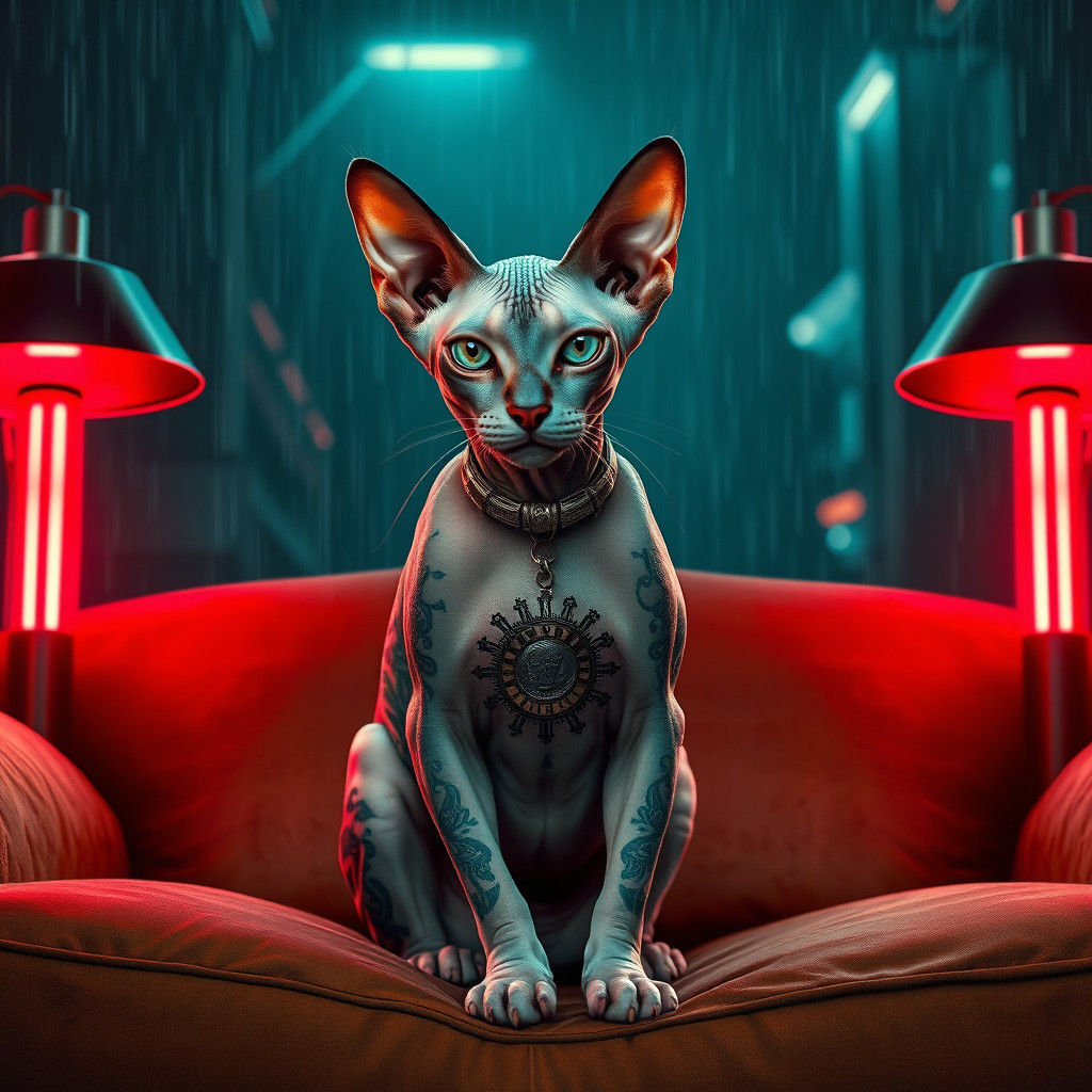 Cyberpunk Sphynx Cat with Slavic Tattoos