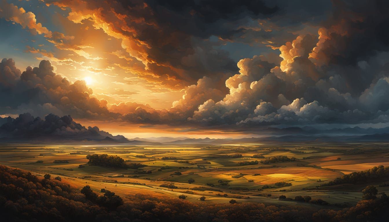 Dramatic Landscape Painting with Golden Hour Lighting
