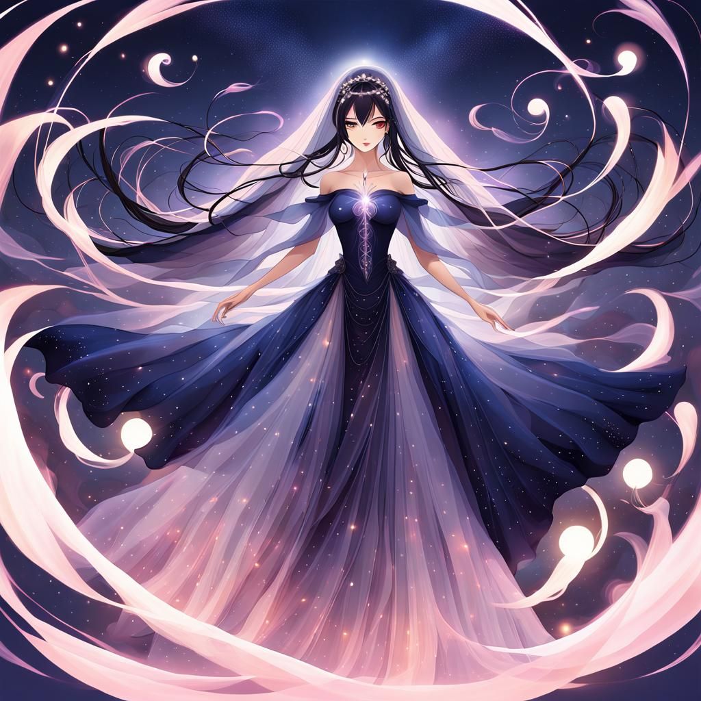 Ethereal Woman in Flowing Gown Under Twilight Sky