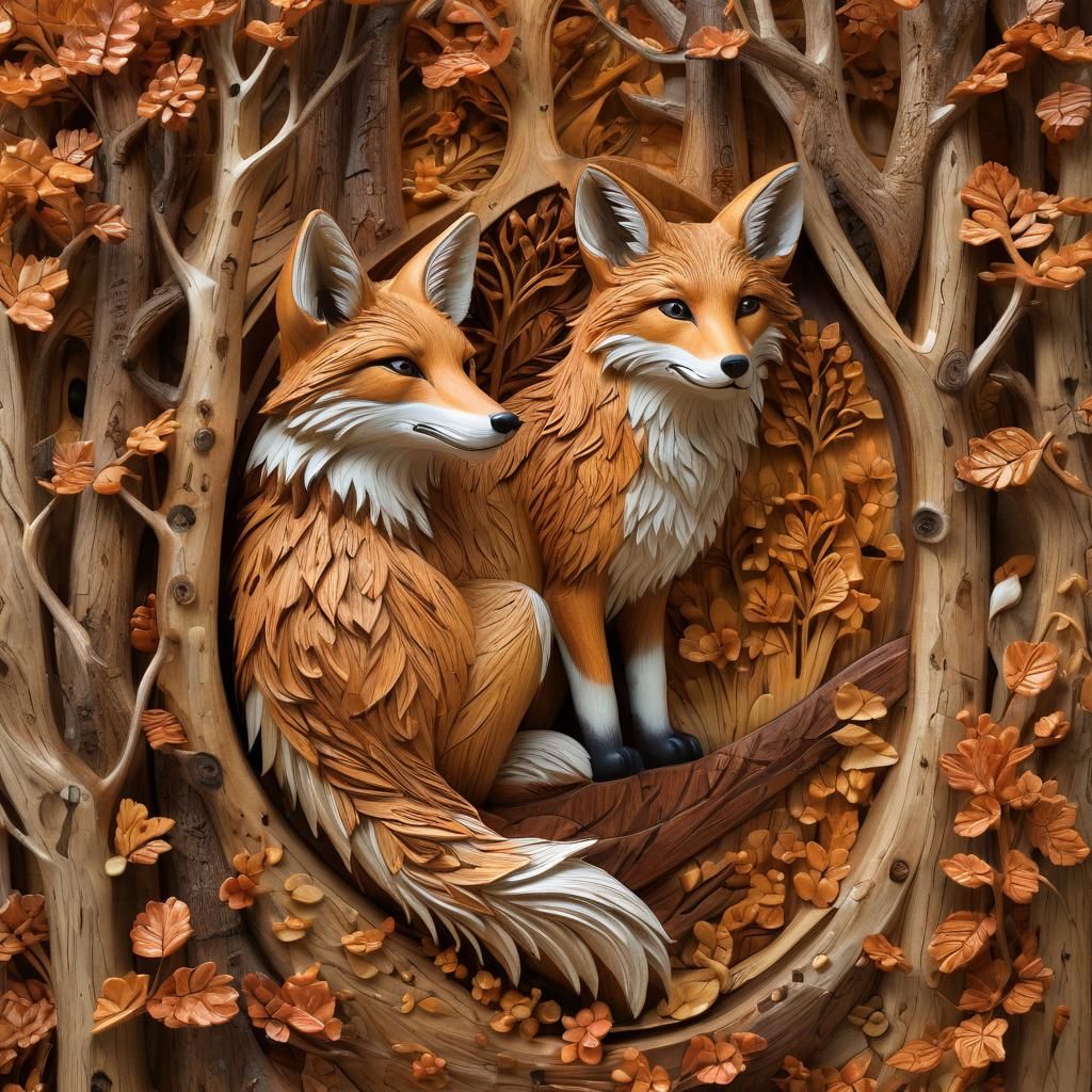 Ethereal Woodcarving of Fox in Autumn Forest