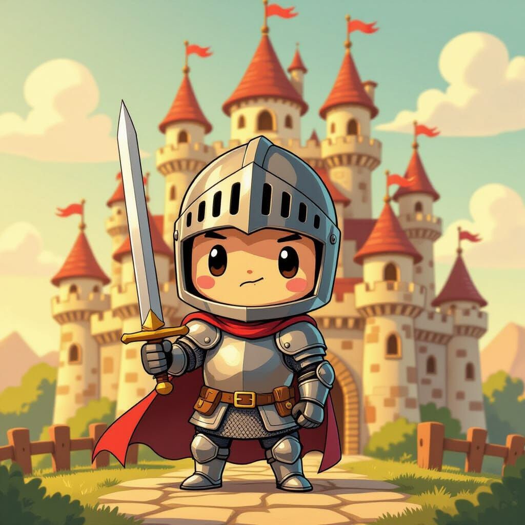 Knight Guards Whimsical Castle in Anime Style