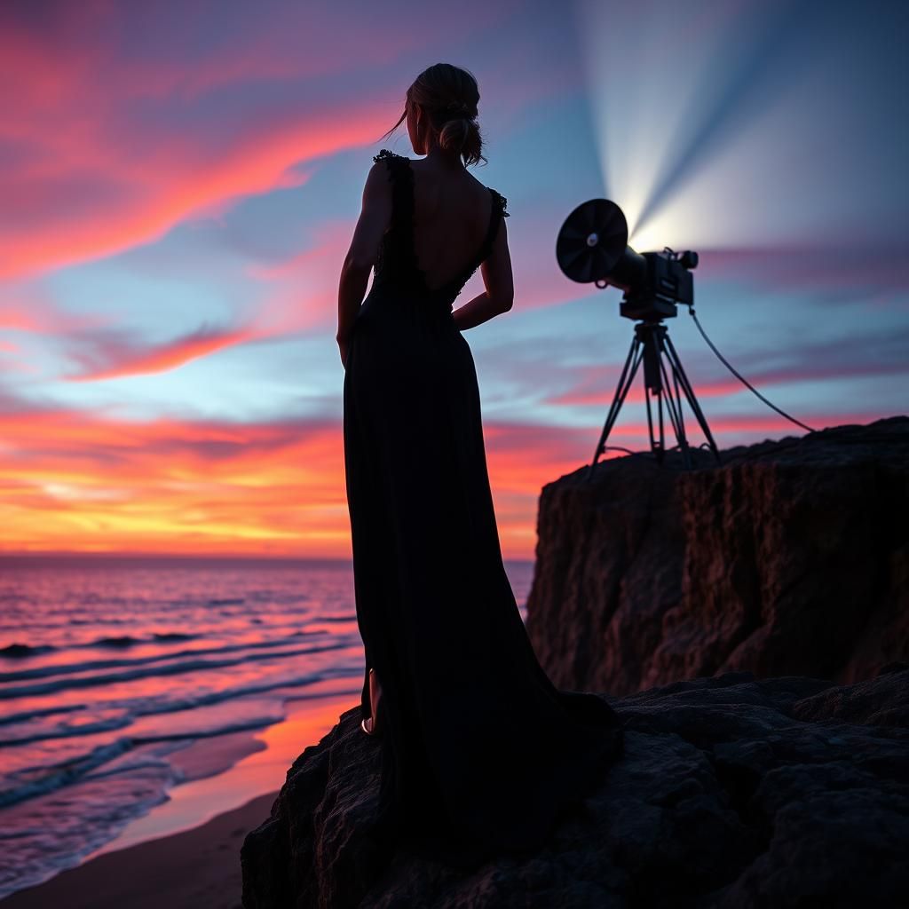 Woman Silhouetted on Cliff Edge at Twilight