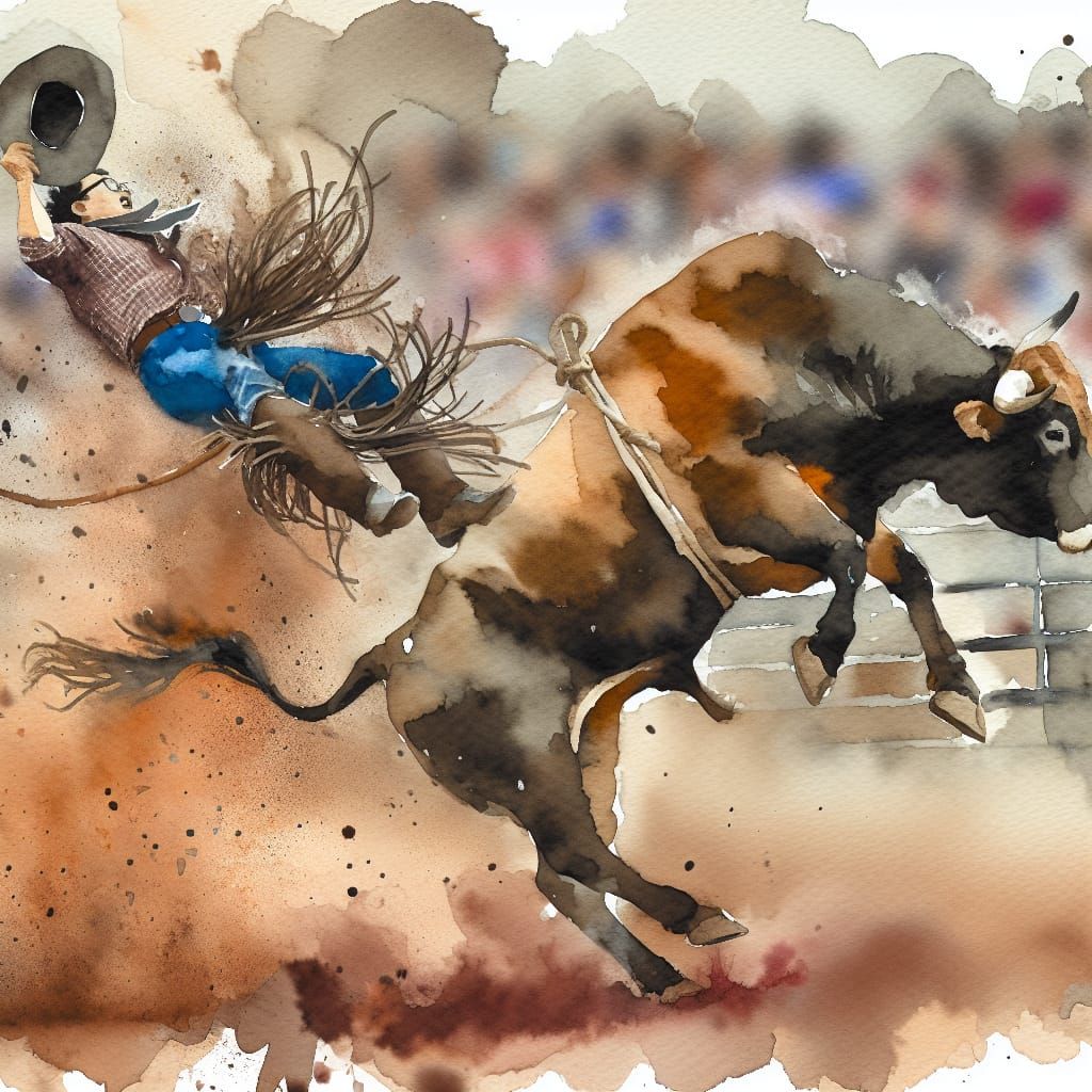 Watercolor Rodeo Scene with Flying Cowboy
