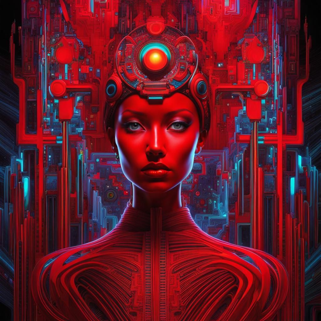 Futuristic Lady in Red with Fractal Neon Design