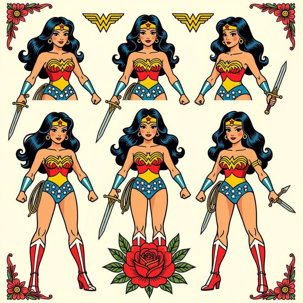 Wonder Woman Tattoo Sheet in Vibrant Illustration Style