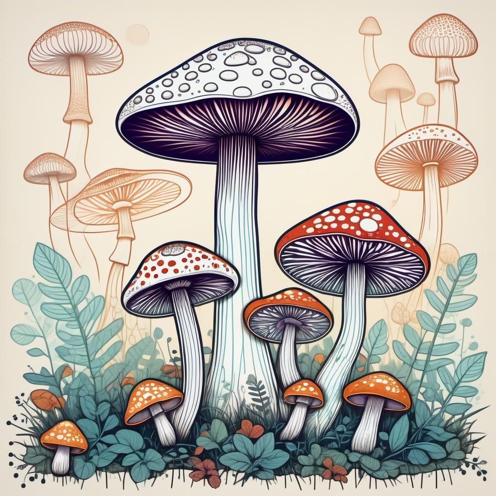 Cute Mushroom Screen Print with Geometric Background