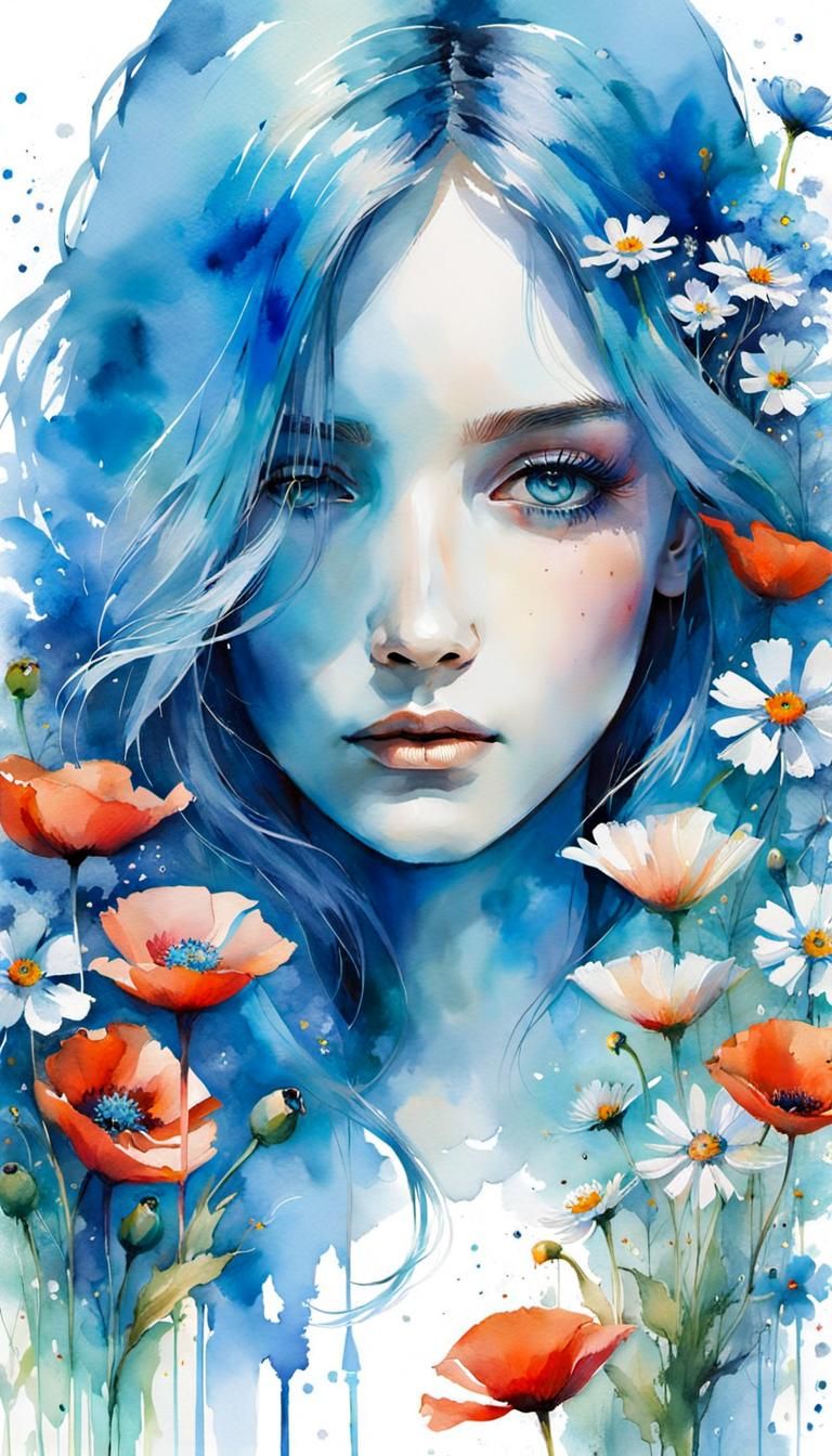 Poppies, Daisies and a Key in Watercolor