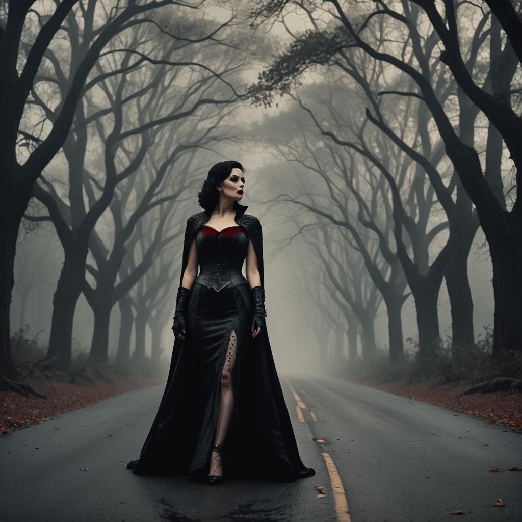 Vampire Woman on Dark Road in Film Noir Style